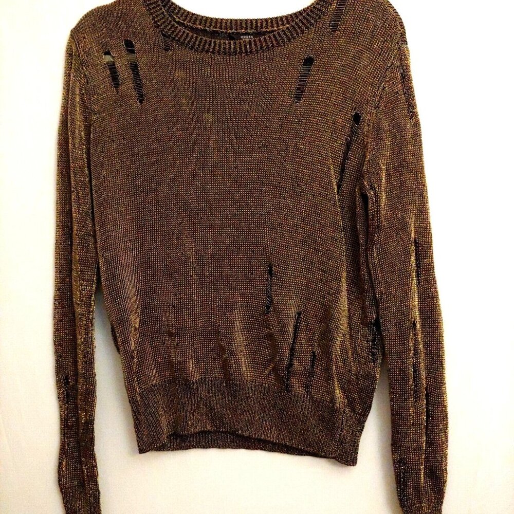 Guess Sheer Gold Metallic Mesh Factory Distressed Goth L-Sleeve shirt S Y2k